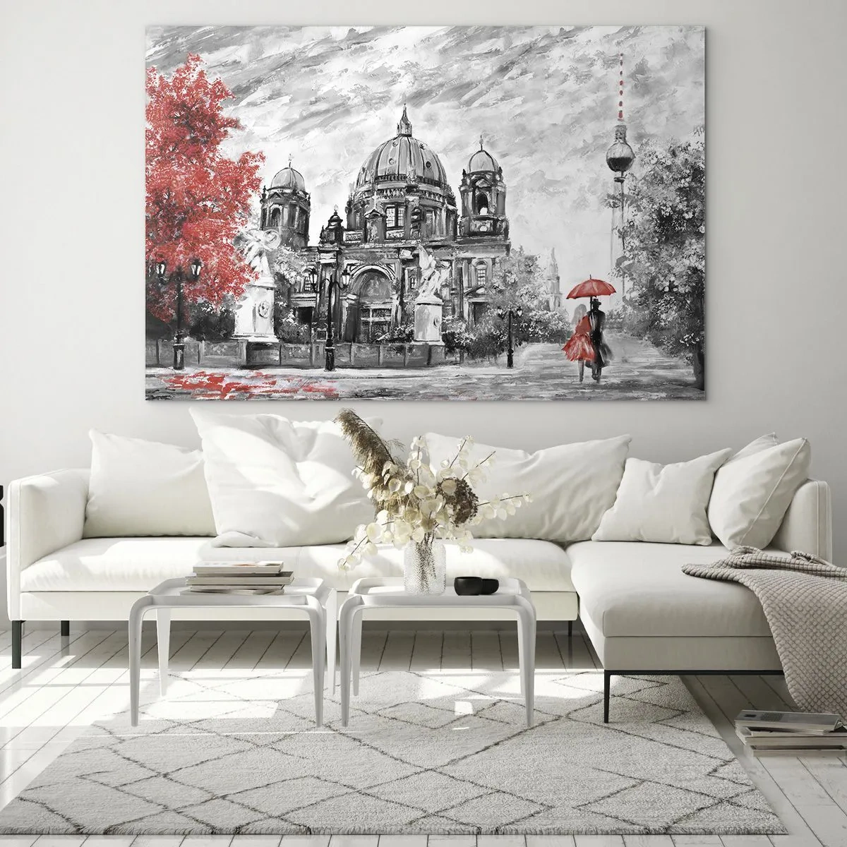 Impression sur verre - Image sur verre - Cathédrale de Berlin avec un accent rouge dans des tons monochromes - 100x70cm - Rencontre berlinoise - Décoration murale moderne pour le salon et la chambre ARTTOR