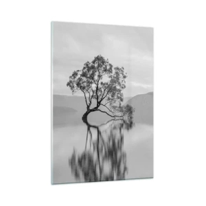 Impression sur verre - Image sur verre - Un arbre solitaire sur l'eau dans un paysage noir et blanc - 50x70cm - Un tel pays existe - Décoration murale moderne pour le salon et la chambre ARTTOR