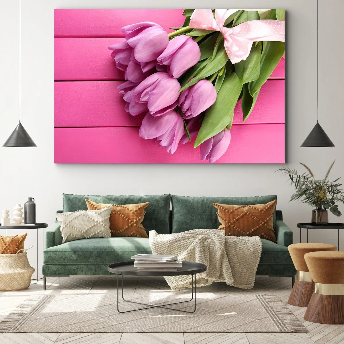 Impression sur toile - Image sur toile - Un bouquet de tulipes roses avec un nœud sur un fond rose - 70x50cm - Juste pour toi - Décoration murale moderne pour le salon et la chambre ARTTOR