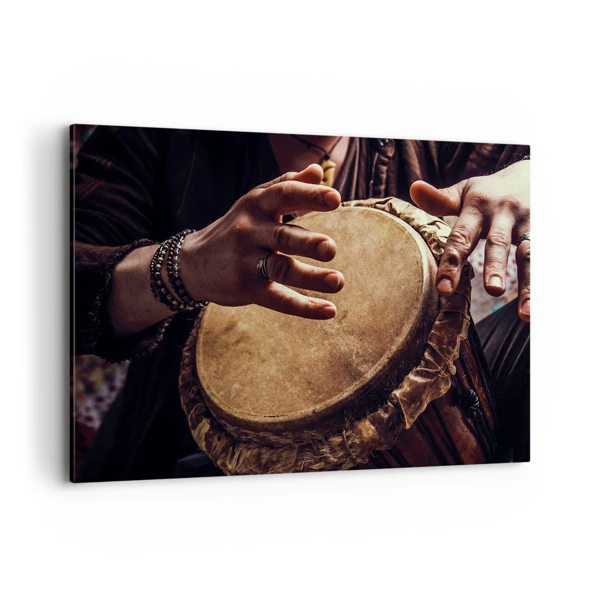 Impression sur toile - Image sur toile - Mains jouant sur un djembé traditionnel - 100x70cm - Au rythme du coeur - Décoration murale moderne pour le salon et la chambre ARTTOR