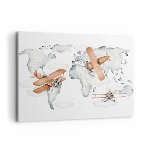 Impression sur toile - Image sur toile - Illustration d'une carte du monde avec des avions - 100x70cm - Dans un esprit pionnier - Décoration murale moderne pour le salon et la chambre ARTTOR