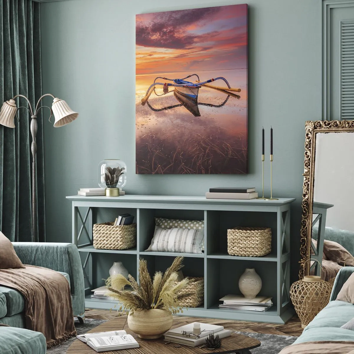Impression sur toile - Image sur toile - Un bateau sur une eau calme au coucher du soleil - 80x120cm - Le calme d'une soirée tropicale - Décoration murale moderne pour le salon et la chambre ARTTOR