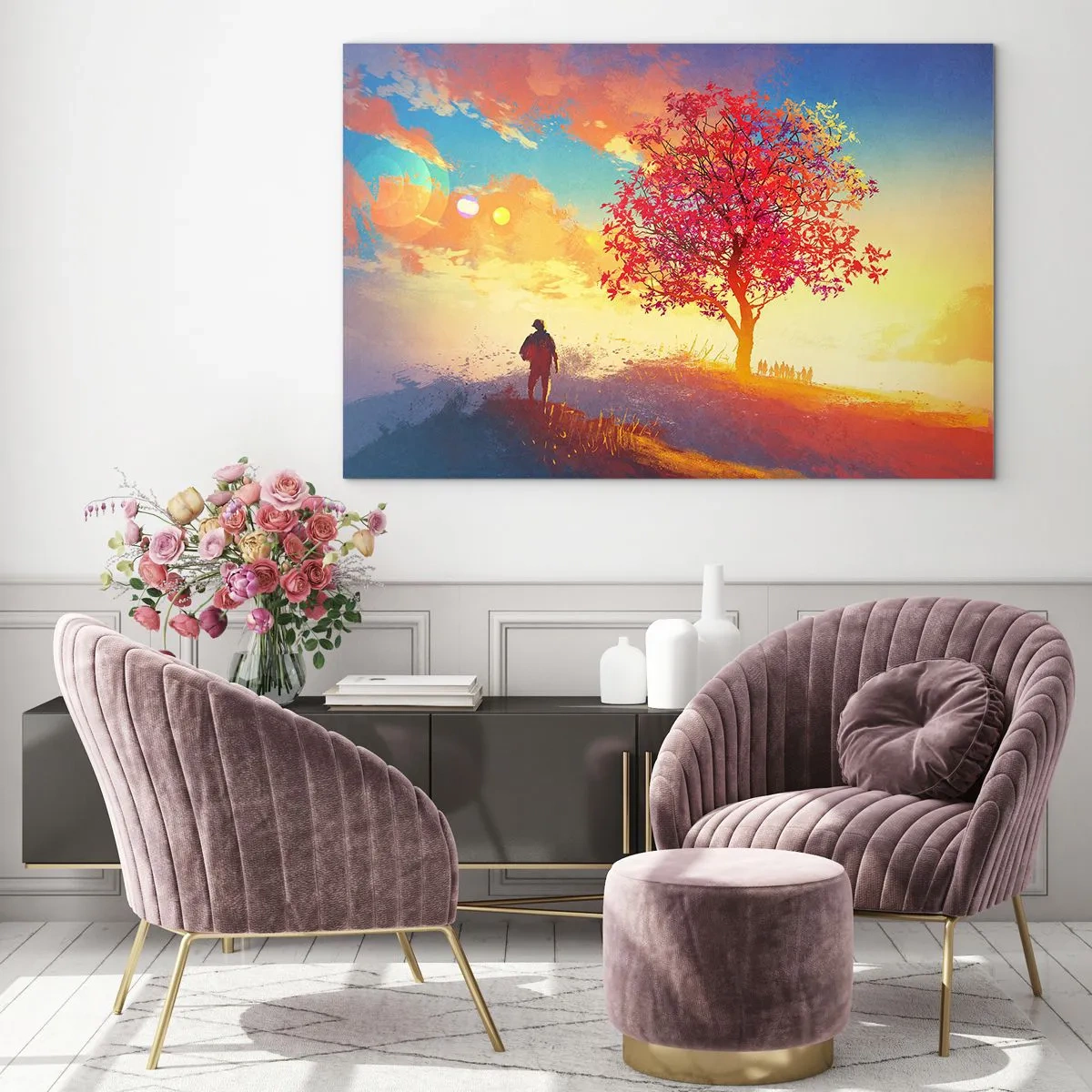 Impression sur verre - Image sur verre - Une silhouette sur fond de ciel coloré et d'arbre aux couleurs chaudes - 100x70cm - Pèlerin à destination - Décoration murale moderne pour le salon et la chambre ARTTOR