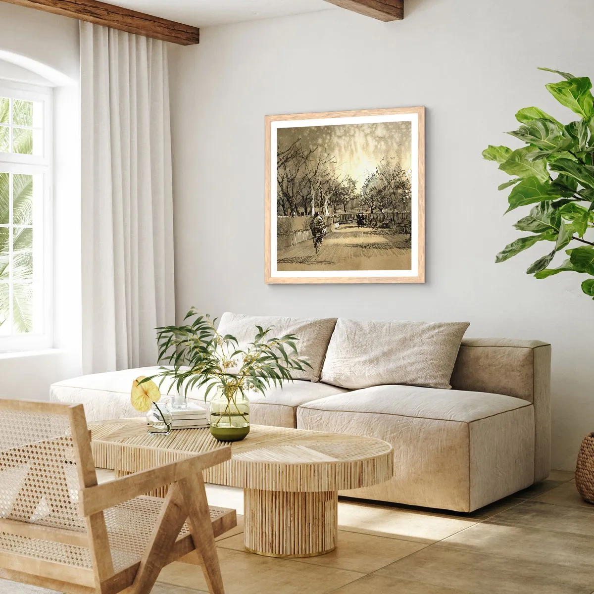 Affiche dans un chêne clair - Poster - Un moment arrêté avec une plume - 40x40 cm