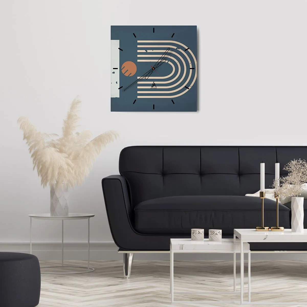 Horloge murale - Pendule murale - Motif géométrique dans les tons bleu marine, beige et orange sur fond sombre - 30x30cm - Géométrie sur la grenade - Décoration murale moderne pour le salon et la chambre ARTTOR