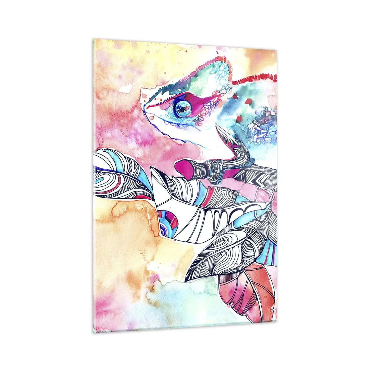 Impression sur verre - Image sur verre - Caméléon coloré parmi les feuilles dans un style aquarelle - 50x70cm - Aussi coloré que notre monde - Décoration murale moderne pour le salon et la chambre ARTTOR