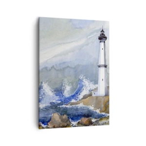 Impression sur toile - Image sur toile - Un phare sur un rivage rocheux avec une mer agitée - 50x70cm - Contre l'obscurité et la tempête - Décoration murale moderne pour le salon et la chambre ARTTOR