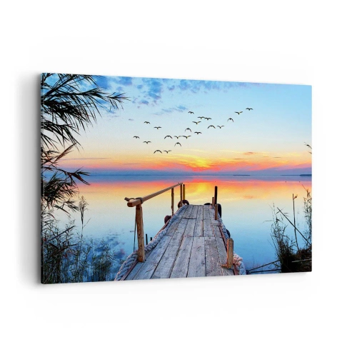 Impression sur toile - Image sur toile - Jetée en bois sur le lac au coucher du soleil - 120x80cm - Il est temps de rentrer... - Décoration murale moderne pour le salon et la chambre ARTTOR