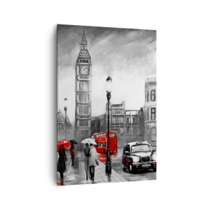 Impression sur toile - Image sur toile - Une scène londonienne en noir et blanc avec des accents rouges - 70x100cm - Pas du tout une ville grise - Décoration murale moderne pour le salon et la chambre ARTTOR