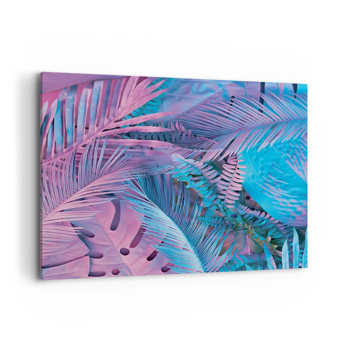 Impression sur toile - Image sur toile - Feuilles tropicales dans les tons de rose et de bleu - 120x80cm - Les tropiques en rose et bleu - Décoration murale moderne pour le salon et la chambre ARTTOR