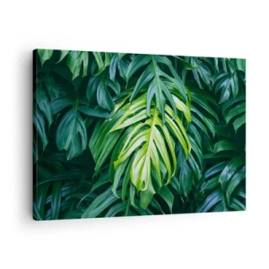 Impression sur toile - Image sur toile - Feuilles vertes dans un arrangement tropical dense - 70x50cm - Immergez-vous dans la fraîcheur - Décoration murale moderne pour le salon et la chambre ARTTOR