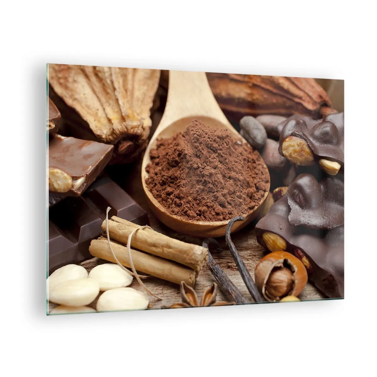 Impression sur verre - Image sur verre - Une cuillerée de cacao entourée de chocolat, d'épices et de noix - 70x50cm - La meilleure pour les chagrins - Décoration murale moderne pour le salon et la chambre ARTTOR