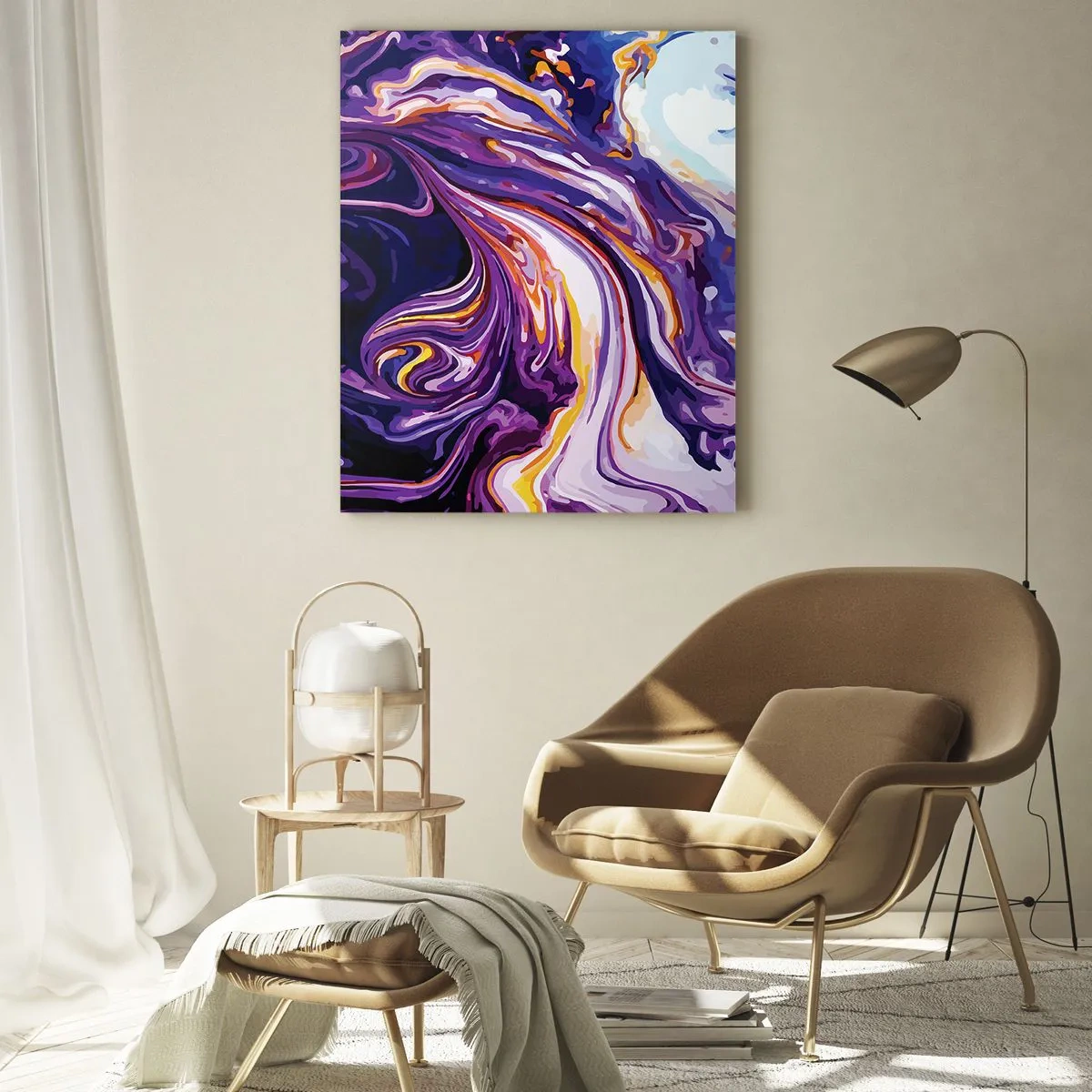 Impression sur verre - Image sur verre - Motif abstrait dans les tons violet et blanc avec des lignes dynamiques - 50x70cm - La courbure de l'espace en violet - Décoration murale moderne pour le salon et la chambre ARTTOR