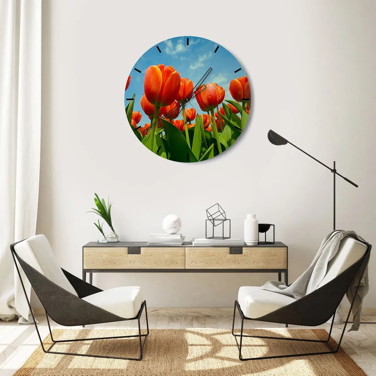 Horloge murale - Pendule murale - Tulipes rouges contre un ciel bleu - 30x30cm - A part le ciel bleu, ils n'ont besoin de rien dans leur vie - Décoration murale moderne pour le salon, la cuisine et la chambre ARTTOR