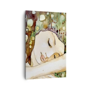 Impression sur toile - Image sur toile - Une femme rêvant entourée de formes et de couleurs abstraites. - 80x120cm - Un rêve violet émeraude - Décoration murale moderne pour le salon et la chambre ARTTOR