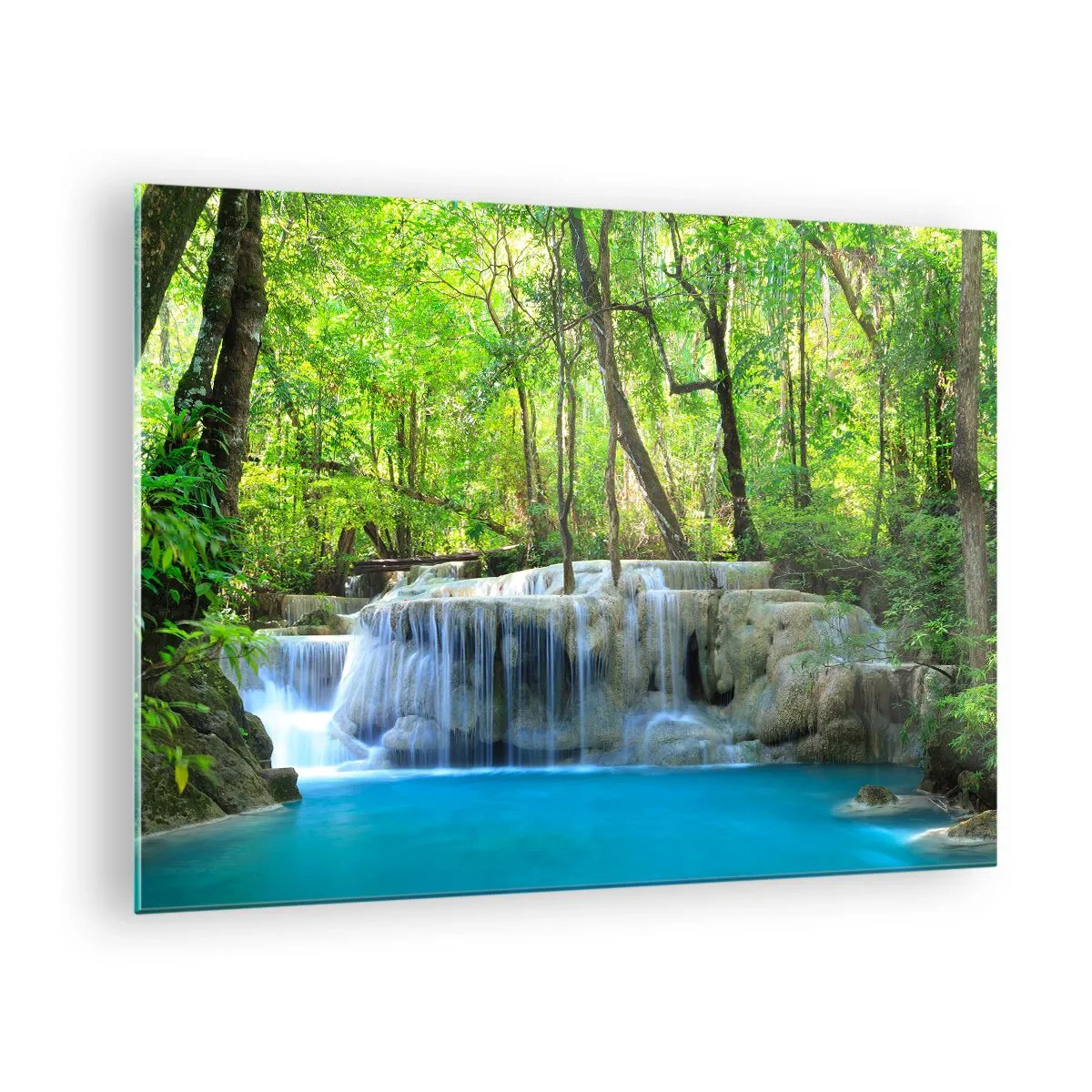 Impression sur verre - Image sur verre - Une cascade entourée d'arbres verts et d'eau bleue - 70x50cm - Se noyer dans le turquoise et le vert - Décoration murale moderne pour le salon et la chambre ARTTOR