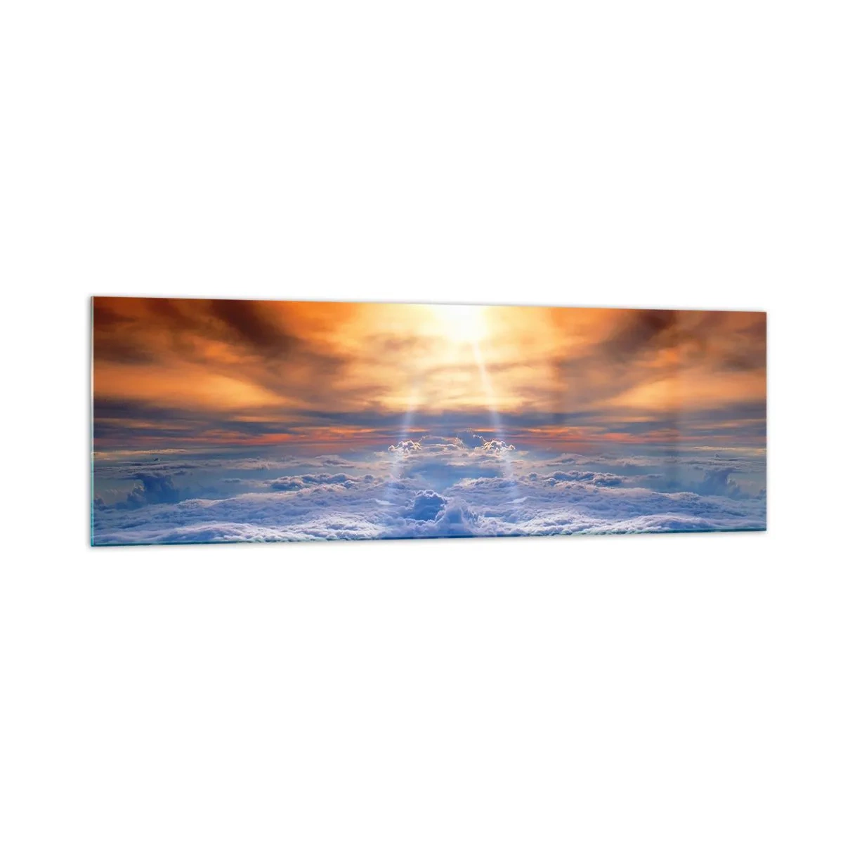 Impression sur verre - Image sur verre - Coucher de soleil au dessus des nuages, le ciel plein de couleurs dorées et de lumière. - 160x50cm - Paysage mystique - Décoration murale moderne pour le salon et la chambre ARTTOR