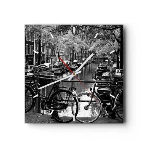 Horloge murale - Pendule murale - Canal avec des vélos en photographie noir et blanc - 30x30cm - Une vue très hollandaise - Décoration murale moderne pour le salon et la chambre ARTTOR