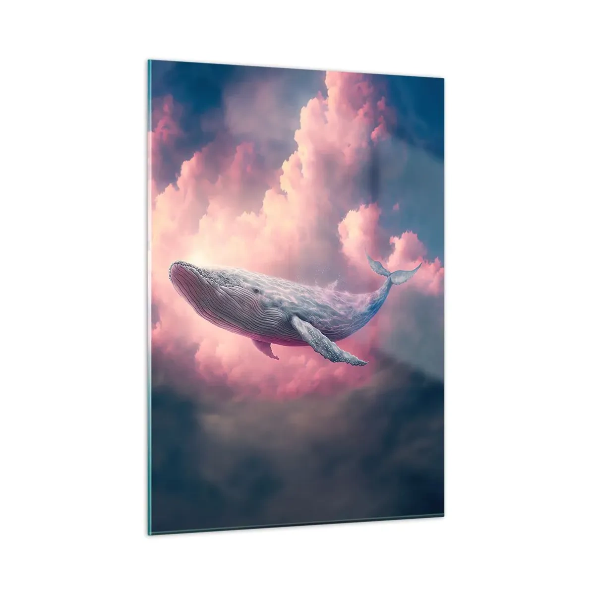 Impression sur verre - Image sur verre - Une baleine flottant dans les nuages avec une lueur rose - 50x70cm - Frottez-vous les yeux - Décoration murale moderne pour le salon et la chambre ARTTOR