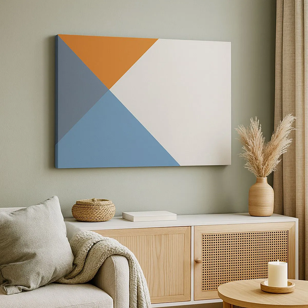 Impression sur toile - Image sur toile - Triangles géométriques dans les tons de bleu et d'orange - 70x50cm - Sous cette angle.... - Décoration murale moderne pour le salon et la chambre ARTTOR