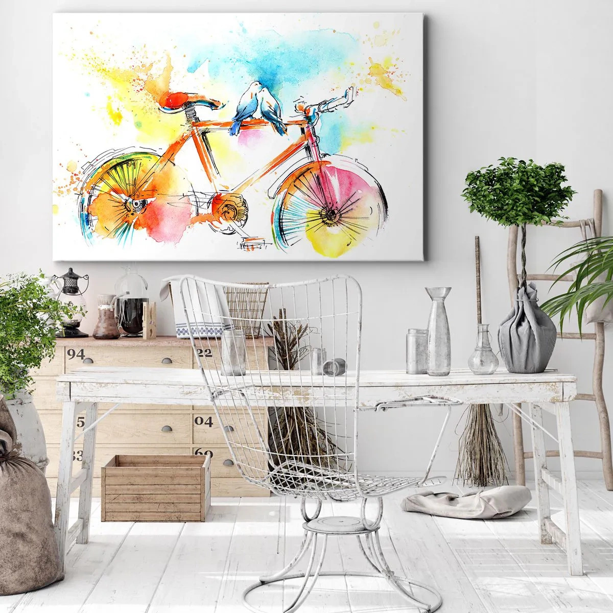 Impression sur toile - Image sur toile - Aquarelle colorée d'un vélo avec des oiseaux assis dessus - 100x70cm - À deux en vélo - Décoration murale moderne pour le salon et la chambre ARTTOR