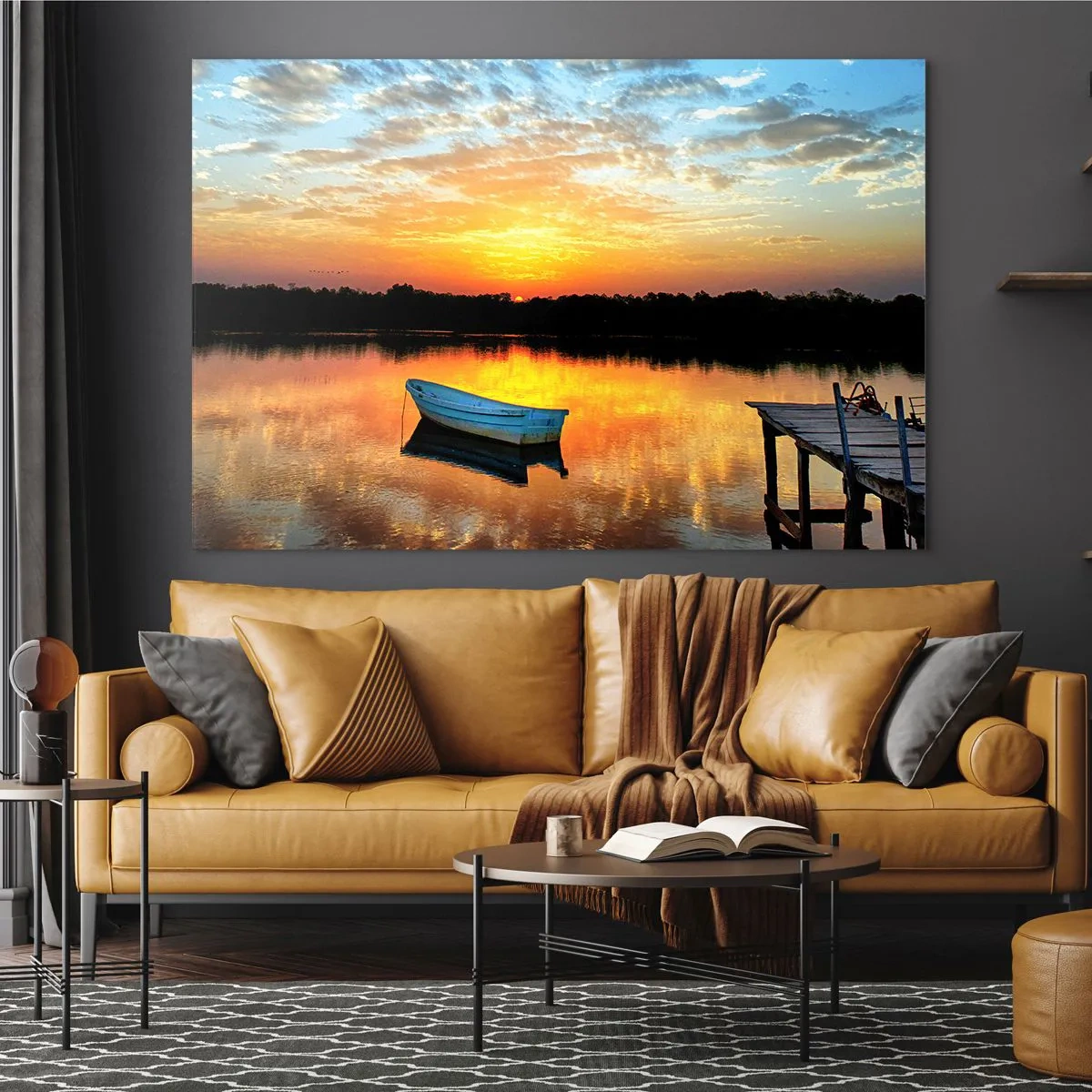 Impression sur verre - Image sur verre - Un bateau sur un lac calme sous les rayons du soleil couchant - 70x50cm - Regardez, écoutez, méditez - Décoration murale moderne pour le salon et la chambre ARTTOR