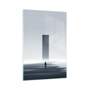 Impression sur verre - Image sur verre - Un paysage minimaliste avec une silhouette à côté d'un monolithe rectangulaire - 70x100cm - Opportunité ou menace ? - Décoration murale moderne pour le salon et la chambre ARTTOR