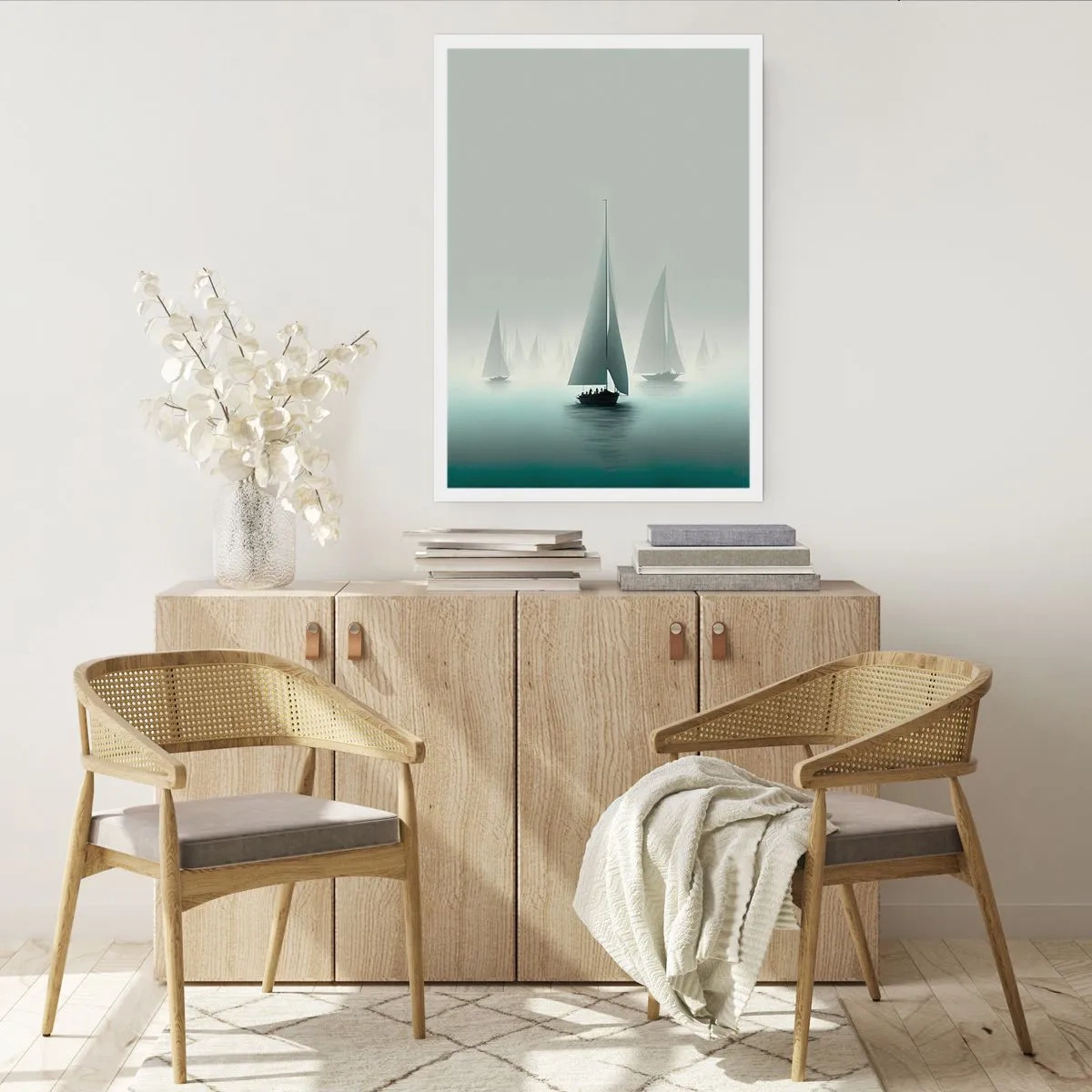 Affiche - Poster - Un groupe de voiliers naviguant sur une mer brumeuse, entouré d'eaux calmes. - 50x70cm - Fait de brouillard - Décoration murale moderne pour le salon et la chambre ARTTOR