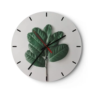 Horloge murale - Pendule murale - Une branche verte avec de grandes feuilles sur un fond clair - 30x30cm - Dessin de la nature elle-même - Décoration murale moderne pour le salon, la cuisine et la chambre ARTTOR