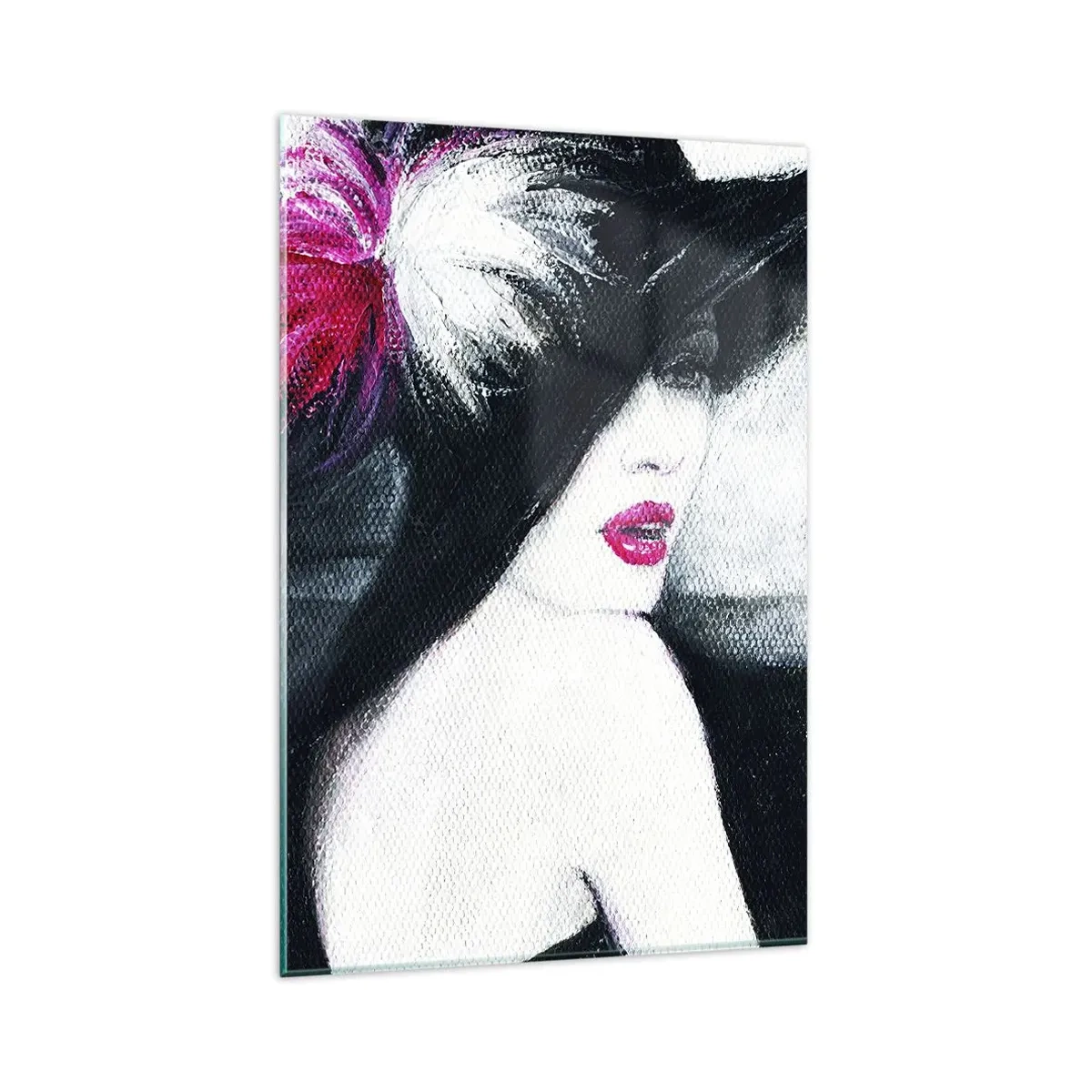 Impression sur verre - Image sur verre - Femme élégante avec un chapeau à plumes - 80x120cm - Toujours un secret - Décoration murale moderne pour le salon et la chambre ARTTOR