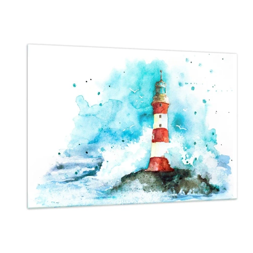 Impression sur verre - Image sur verre - Un phare entouré de vagues de la mer dans un style aquarelle - 120x80cm - Unité des éléments - Décoration murale moderne pour le salon et la chambre ARTTOR