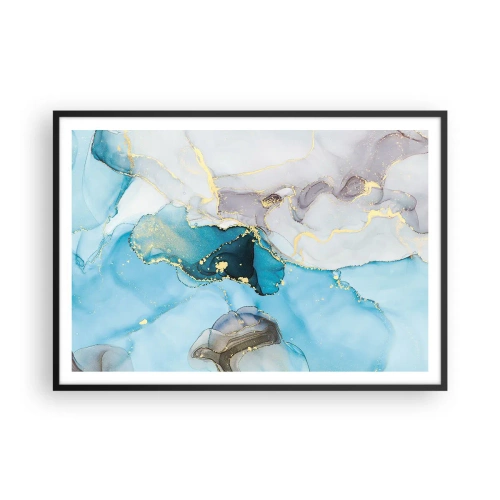 Affiche dans un cadre noir - Poster - Abstraction dans les tons de bleu et d'or avec des lignes subtiles - 100x70cm - Etude de la rencontre gris et turquoise - Décoration murale moderne pour le salon et la chambre ARTTOR