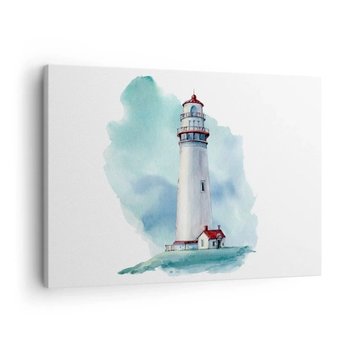 Impression sur toile - Image sur toile - Un phare sur un fond bleu aquarelle - 70x50cm - La douce sœur du bleu - Décoration murale moderne pour le salon et la chambre ARTTOR