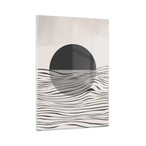 Impression sur verre - Image sur verre - Des vagues noires et un cercle sur fond beige - 50x70cm - Demi composition - Décoration murale moderne pour le salon et la chambre ARTTOR