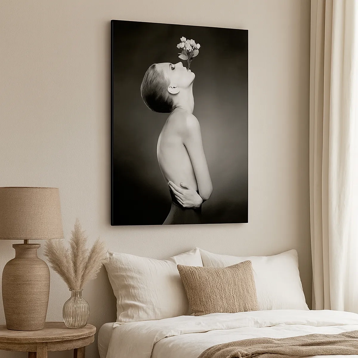 Impression sur toile - Image sur toile - Silhouette noire et blanche d'une femme avec une fleur - 50x70cm - Elégance excentrique - Décoration murale moderne pour le salon et la chambre ARTTOR