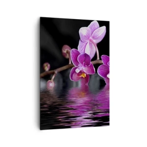 Impression sur toile - Image sur toile - Orchidées violettes sur une eau calme sur fond noir - 70x100cm - Reflet lilas de la beauté - Décoration murale moderne pour le salon et la chambre ARTTOR