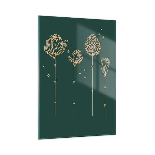 Impression sur verre - Image sur verre - Contours dorés d'herbes et de fleurs sur un fond vert foncé - 50x70cm - La famille Plante - Décoration murale moderne pour le salon et la chambre ARTTOR