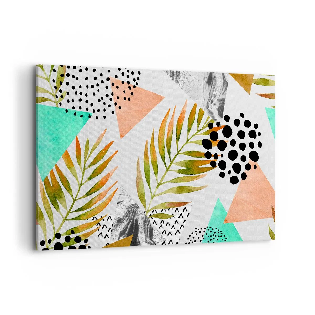 Impression sur toile - Image sur toile - Motif tropical avec des feuilles et des formes géométriques - 120x80cm - Décoration avec feuille de palmier - Décoration murale moderne pour le salon et la chambre ARTTOR