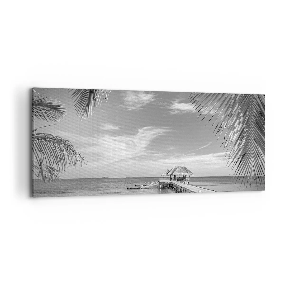 Impression sur toile - Image sur toile - Plage noire et blanche avec jetée et palmiers sur une côte tropicale - 120x50cm - Souvenirs ou rêve? - Décoration murale moderne pour le salon et la chambre ARTTOR