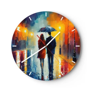 Horloge murale - Pendule murale - Un couple avec un parapluie dans une rue colorée et pluvieuse la nuit. - 30x30cm - Ensemble – une nuit colorée - Décoration murale moderne pour le salon, la cuisine et la chambre ARTTOR