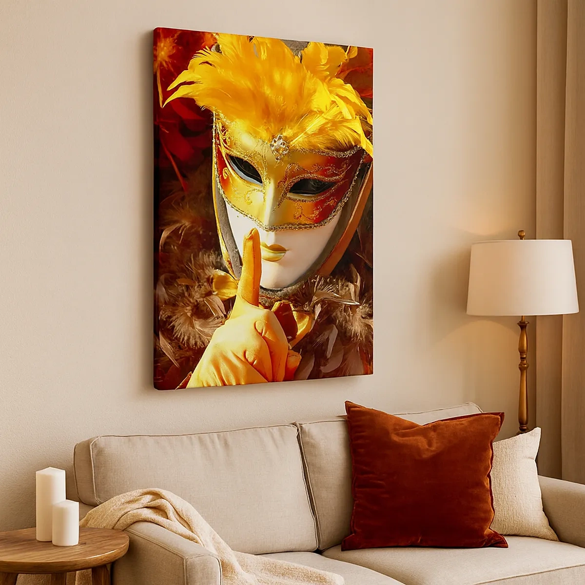 Impression sur toile - Image sur toile - Masque de carnaval aux tons or et orange - 50x70cm - Le secret est une partie du jeu - Décoration murale moderne pour le salon et la chambre ARTTOR