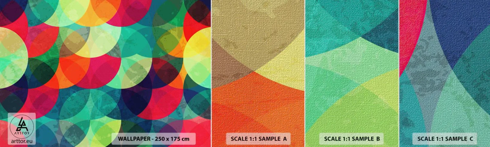 Échantillon de Papier Peint Premium Canvas - Ascension - Abstraction, Morceau, Cercles colorés - 100x30 cm