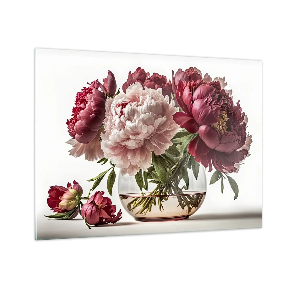 Impression sur verre - Image sur verre - Un bouquet de pivoines dans un vase en verre sur fond clair - 70x50cm - En pleine floraison de beauté - Décoration murale moderne pour le salon et la chambre ARTTOR