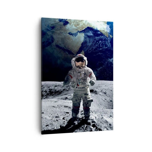 Impression sur toile - Image sur toile - Astronaute à la surface de la Lune avec la Terre en arrière-plan - 70x100cm - Salutations de la lune - Décoration murale moderne pour le salon et la chambre ARTTOR