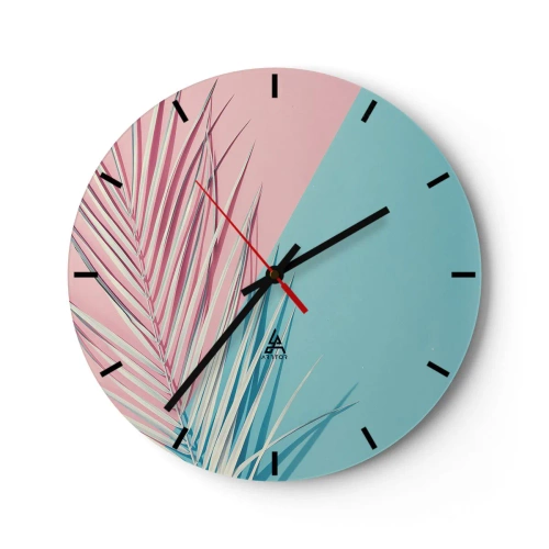 Horloge murale - Pendule murale - Feuilles de palmier sur fond rose pastel et bleu - 30x30cm - Impression tropicale - Décoration murale moderne pour le salon, la cuisine et la chambre ARTTOR