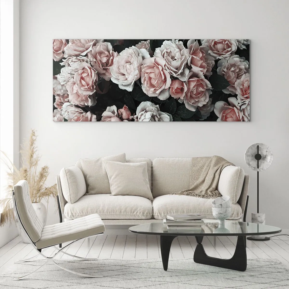Impression sur verre - Image sur verre - Roses roses sur fond sombre dans une composition subtile - 140x50cm - Ensemble de rose - Décoration murale moderne pour le salon et la chambre ARTTOR