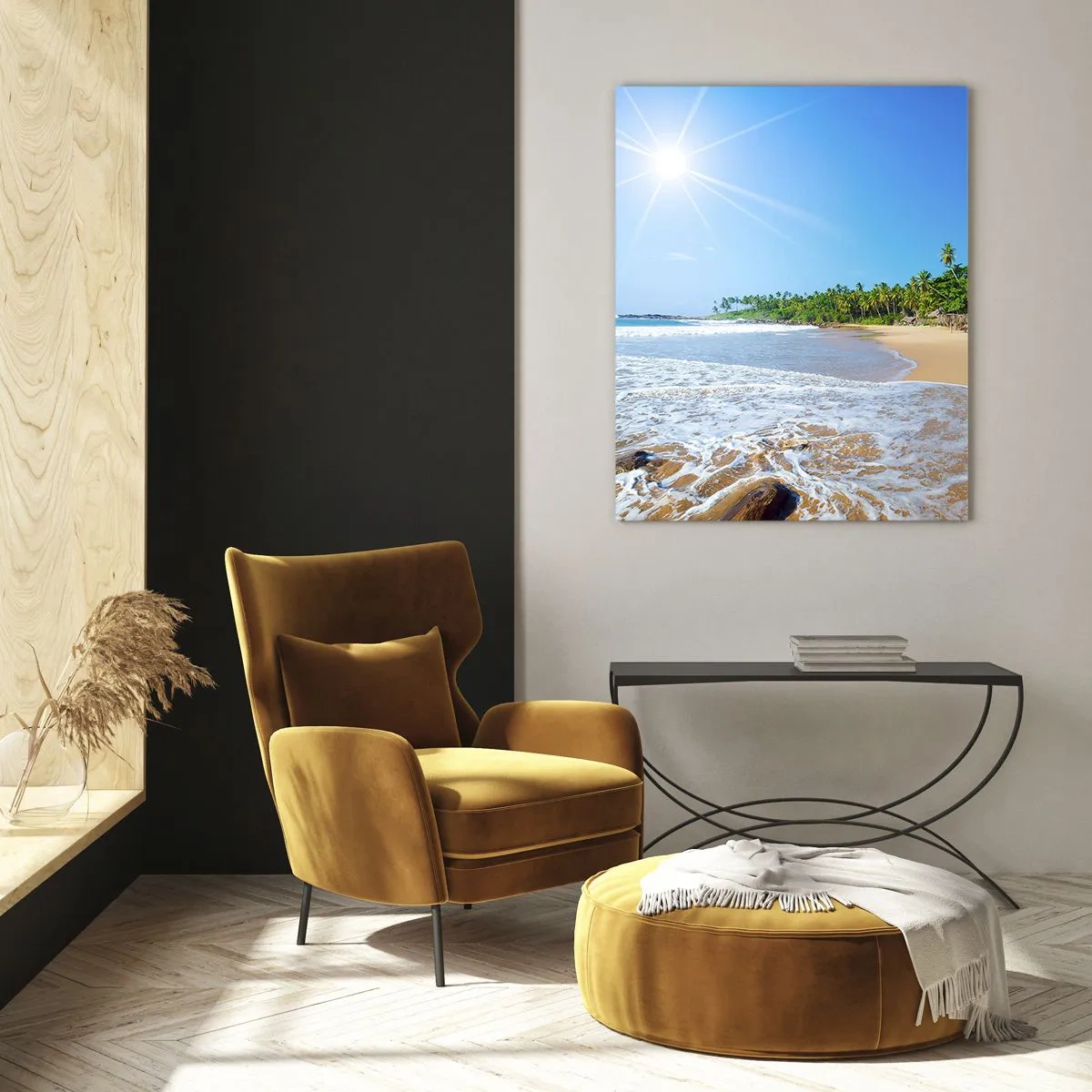 Impression sur verre - Image sur verre - Plage tropicale avec palmiers et vagues sous un ciel bleu - 50x70cm - Un endroit exotique pour vous - Décoration murale moderne pour le salon et la chambre ARTTOR