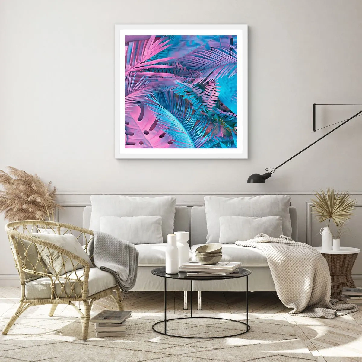 Affiche dans un cadre blanc - Poster - Les tropiques en rose et bleu - 60x60 cm