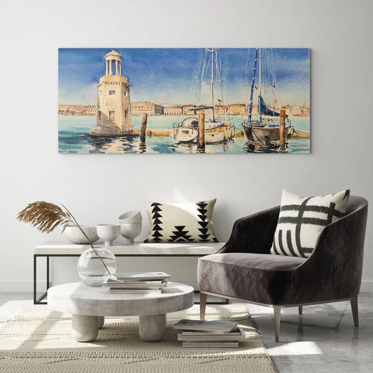 Impression sur verre - Image sur verre - Marina avec bateaux sur fond de lagon bleu - 120x50cm - Lagune ensoleillée - Décoration murale moderne pour le salon et la chambre ARTTOR