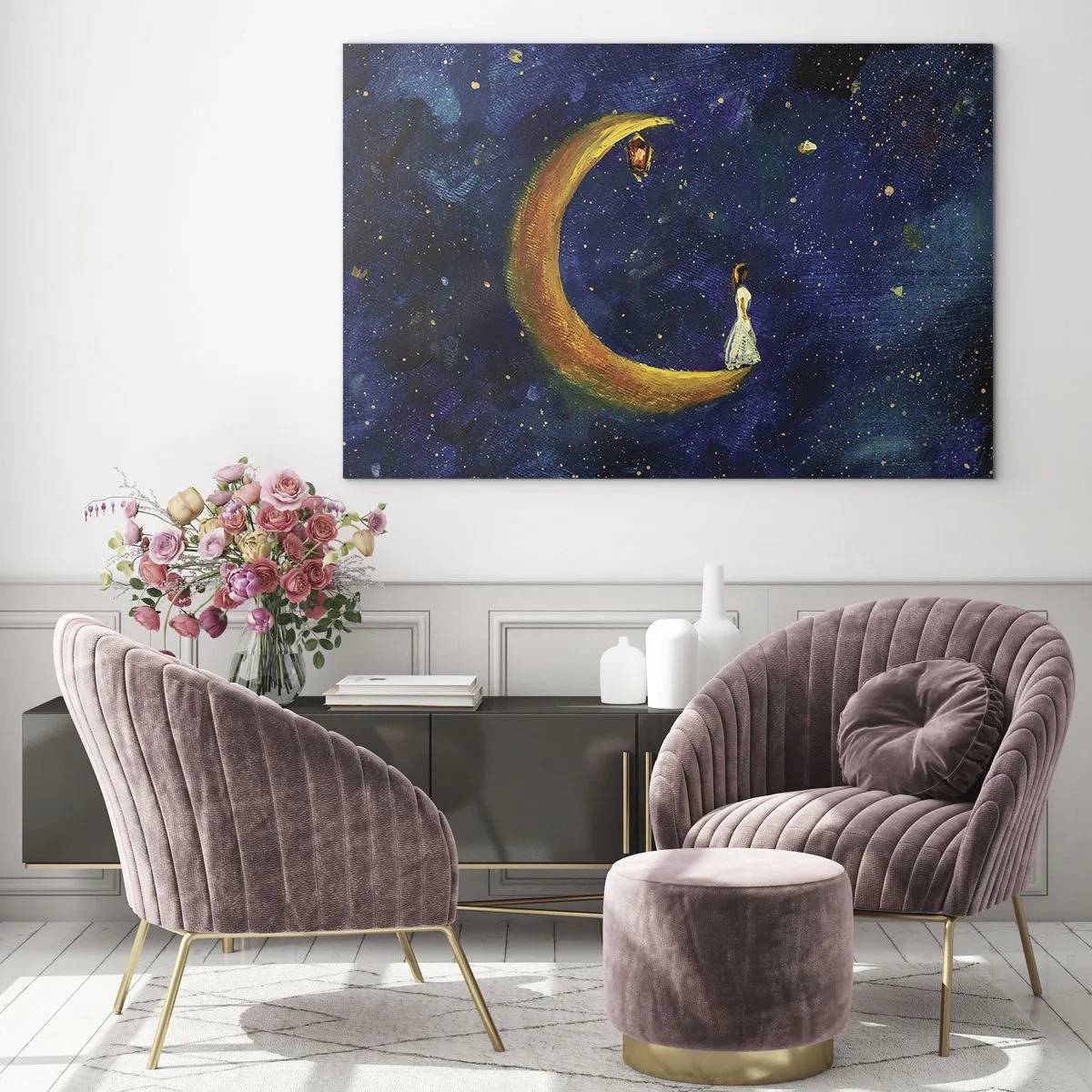Impression sur verre - Image sur verre - Une figure sur la lune dans le ciel nocturne - 120x80cm - Appel du monde - Décoration murale moderne pour le salon et la chambre ARTTOR